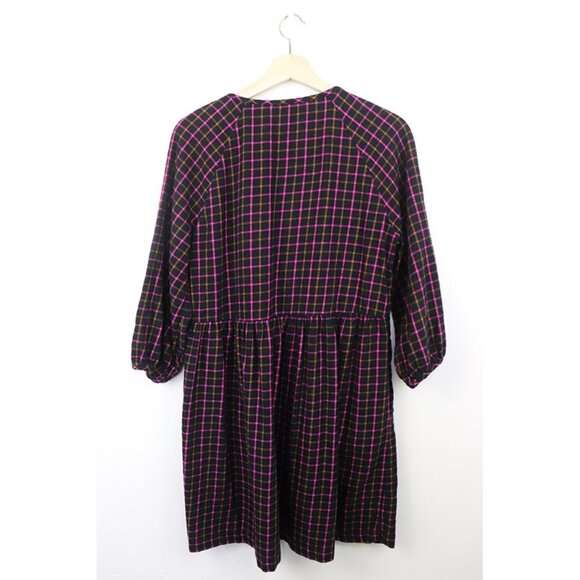 Madewell Plaid Flannel Raglan Button-Front Shirtdress Mini‎ Dress Black Pink 4 - Picture 6 of 9